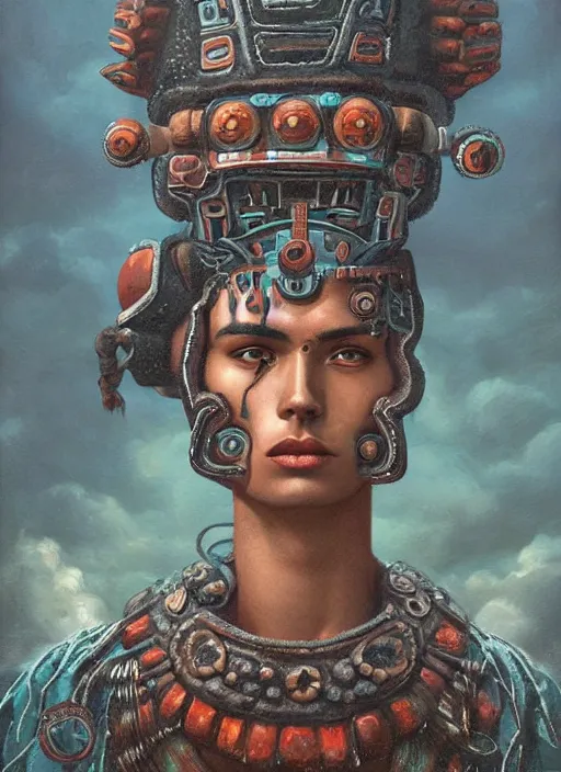 Image similar to portrait of tlaloc the aztec god of rain and thunder, by bogdan rezunenko and denys tsiperko and tom bagshaw