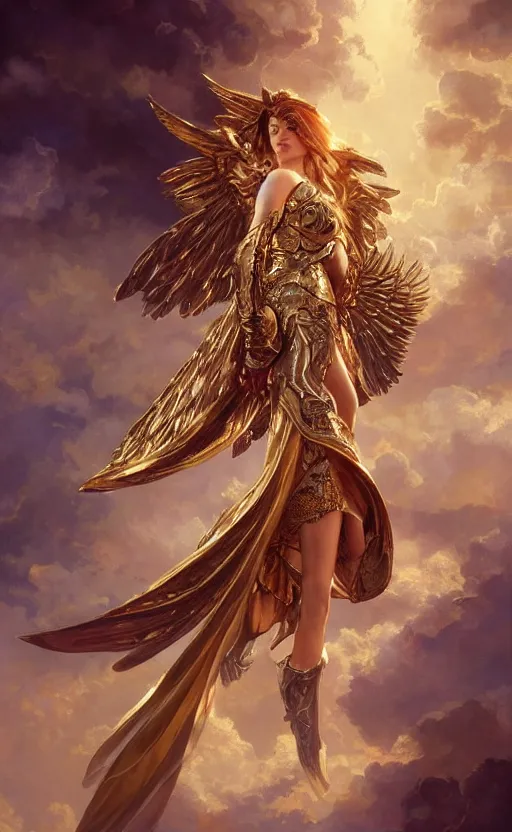 Image similar to A beautiful and fierce angel wearing fancy metallic battle armor and wings among heavenly clouds, intricate, elegant, highly detailed, digital painting, golden hour photography, medium shot, artstation, concept art, smooth, sharp focus, illustration, art by artgerm and Greg Rutkowski and Alphonse Mucha