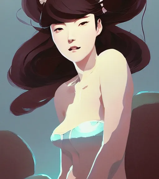 Image similar to portrait of a beautiful alluring immortal japanese goddess by atey ghailan, by greg rutkowski, by greg tocchini, by james gilleard, by joe fenton, by kaethe butcher, by rick wade art, dynamic lighting, gradient light blue, brown, blonde cream and white color scheme, grunge aesthetic