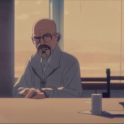 Prompt: portrait of walter white, screenshot from an anime, makoto shinkai