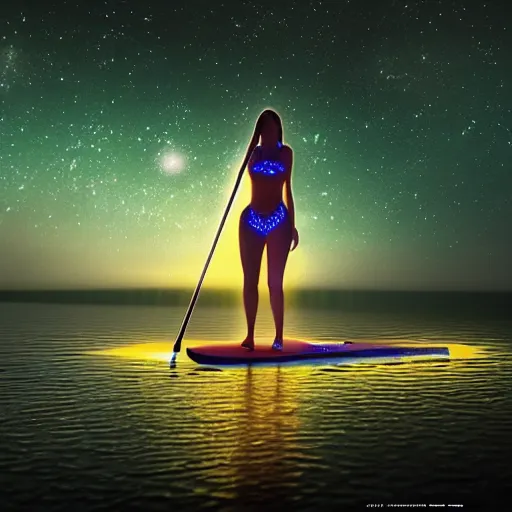 Image similar to bikini anime girl bioluminescent paddleboarding at night by highway man painting, stars, galaxies, photorealistic, high resolution, vray, hdr, hyper detailed, insane details, intricate, elite, ornate, elegant, luxury, dramatic lighting, octane render, weta digital, micro details, 3 d sculpture