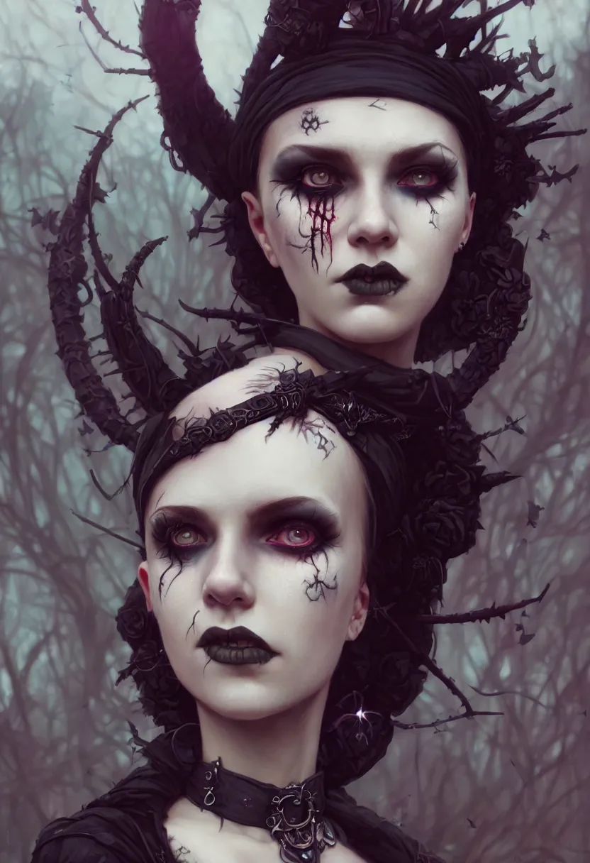 Image similar to beautiful very extreme closeup portrait, goth girl, piercings collar, mohawk hairstyle, medieval dress. witch, makeup. unreal engine, greg rutkowski, loish, rhads, beeple, tom bagshaw, alphonse mucha, global illumination, detailed and intricate environment