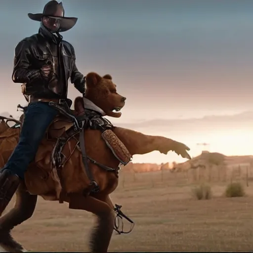 Image similar to a terminator android dressed as a cowboy while riding a bear, 8 k, movie still, high detail