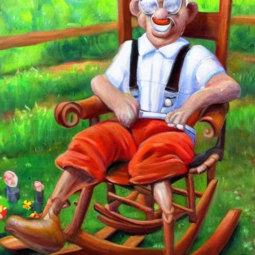 Prompt: a painting of grandpa rat wearing overalls on a rocking chair, telling stories, cute and wonderful vivid painting