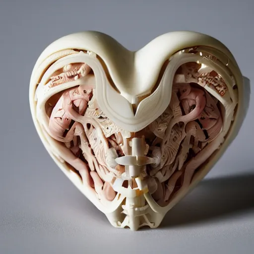 Image similar to anatomically correct bio mechanical heart carved out of ivory, canon 5 d 5 0 mm lens