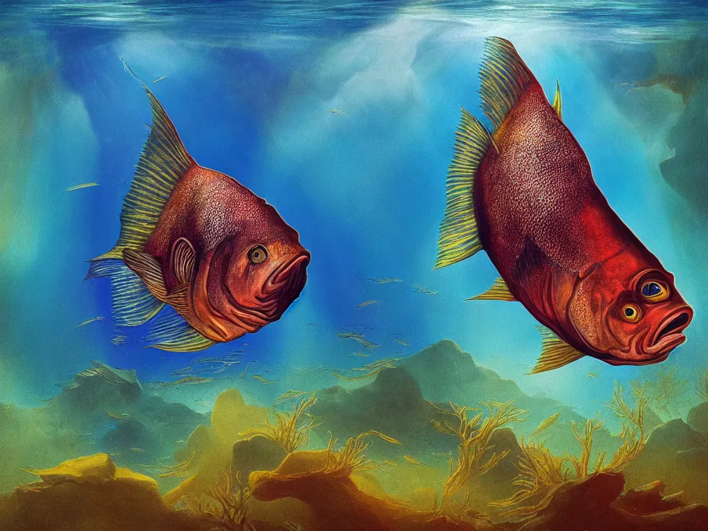 Prompt: a fish with kanye west head swimming in the ocean, underwater, by john martin and carl gustav carus vibrant colors | photography | realism | dslr photo
