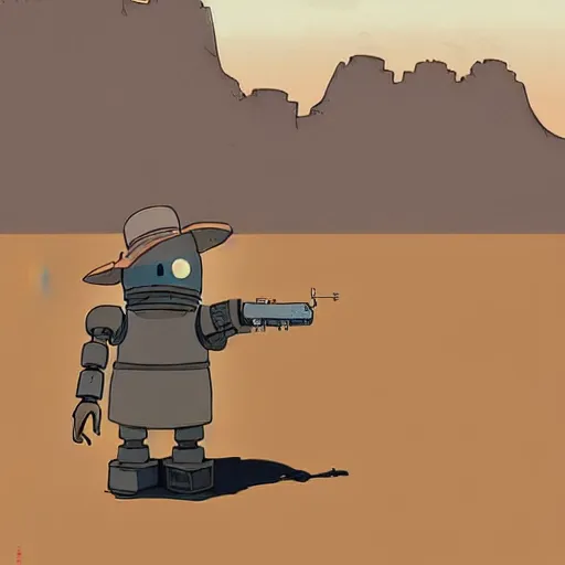 Prompt: a study of cell shaded cartoon of a grey robot from howl's moving castle ( 2 0 0 4 ) pointing a pistol at a preacher on a desert road, full body, wide shot, very muted colors, post grunge, studio ghibli, laurie greasley, highly detailed, deviantart, art by artgem