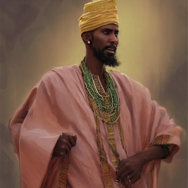 Image similar to somali man, somali attire, portrait, elegant, intricate, digital painting, artstation, concept art, smooth, sharp focus, illustration, art by konstantin korovin and daniel f. gerhartz and john howe