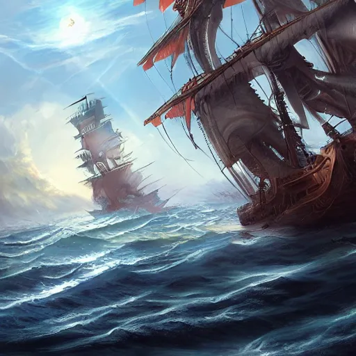 Image similar to pirate ship fighting off leviathan under sunny skies, trending on artstation, ultra fine detailed, hyper detailed, hd, concept art, digital painting