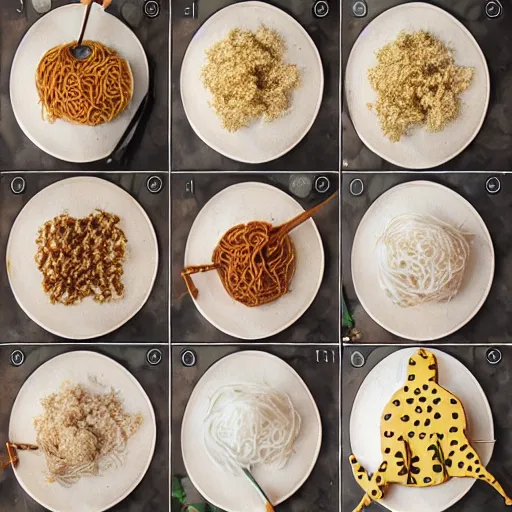 Image similar to making of an edible giraffe from noodles and rice in 4 steps, from the beautiful'how to make food art step by step collection ', dslr