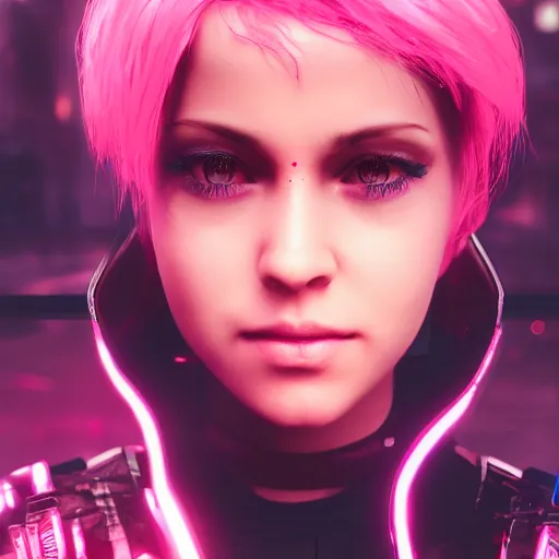 Prompt: portrait of a beatiful girl with short pink hair and glowing eyes, cyberpunk, cinematic, unreal engine, 4k, realistic, wallpaper