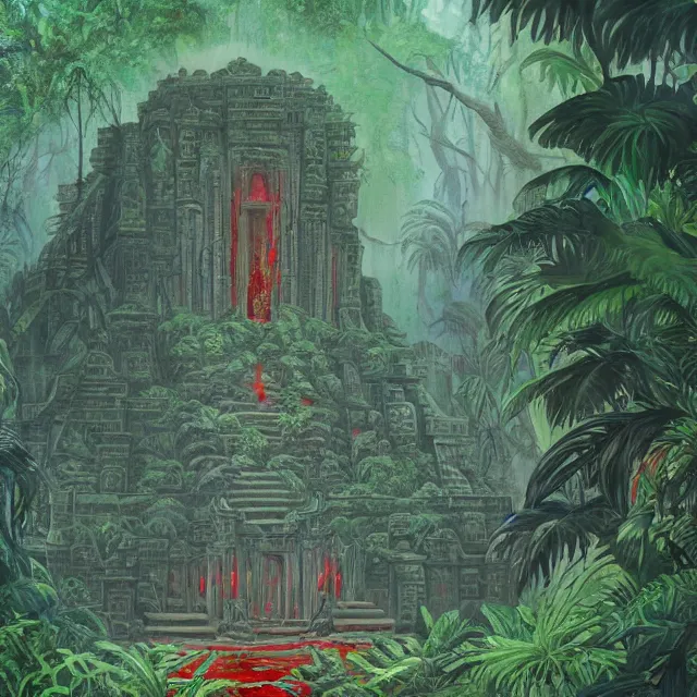 Prompt: blood temple in a jungle painting