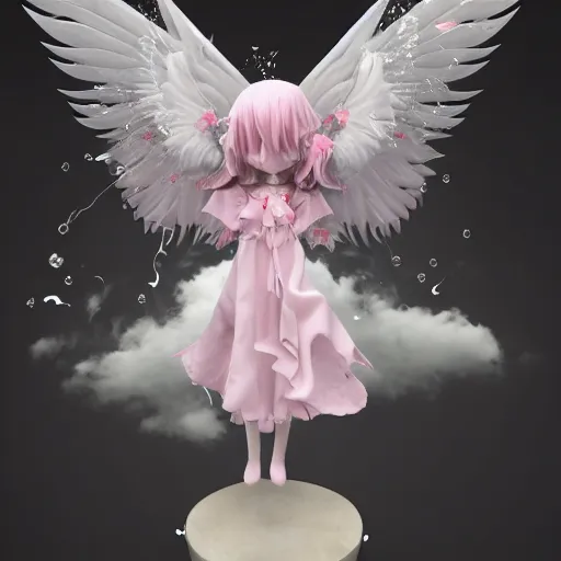 Image similar to cute fumo plush of a divine angel, gothic maiden, ribbons and flowers, ruffled wings, feathers raining, particle simulation, clouds, vray, outline glow lens flare