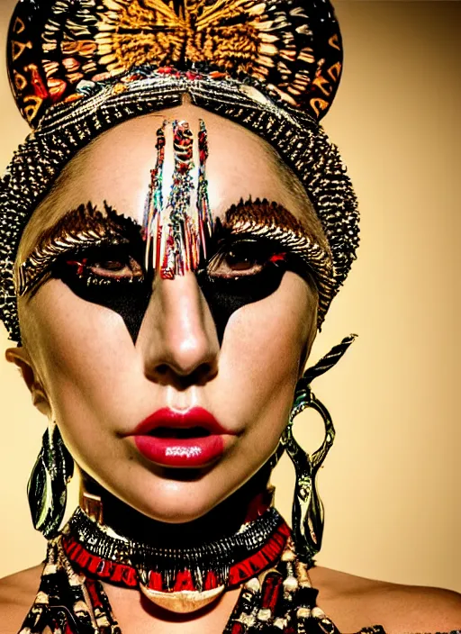 Image similar to lady gaga as a tribal woman, intricate, cinematic lighting, highly detailed, canon 3 5 mm photography, horizontal symmetry, smooth, sharp focus