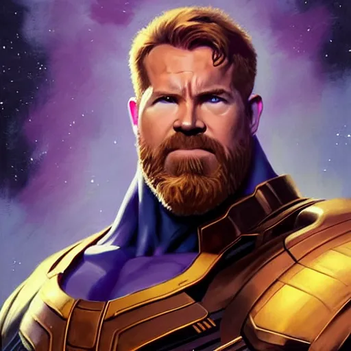 Image similar to greg manchess portrait painting of ryan reynolds as thanos!!! evil, sad! with a ginger cat as overwatch character, medium shot, asymmetrical, profile picture, organic painting, sunny day, matte painting, bold shapes, hard edges, street art, trending on artstation, by huang guangjian and gil elvgren and sachin teng