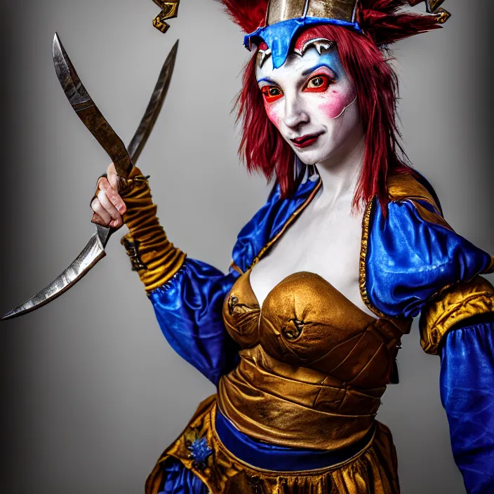 Prompt: full length photo of a real - life beautiful female jester warrior, 8 k, hdr, smooth, sharp focus, high resolution, award - winning photo