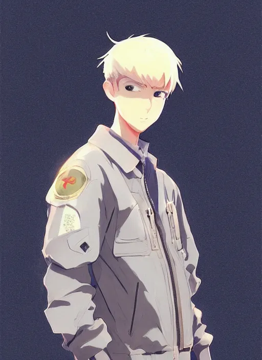 Prompt: a handsome young man! model, wearing ma - 1 flight suit jacket and overalls, trending on pixiv fanbox, painted by greg rutkowski makoto shinkai takashi takeuchi studio ghibli, akihiko yoshida