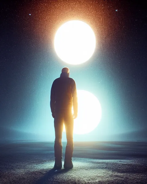 Image similar to a person standing in front of a glowy open door that's on a barren moon, poster art by mike winkelmann, trending on cg society, space art, sci - fi, ue 5, futuristic, volumetric lighting, light casting onto the ground, neat composition and camera angle