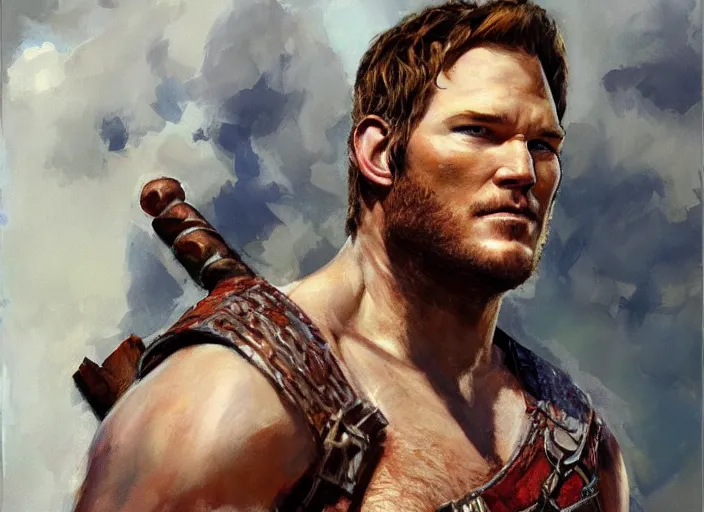 Image similar to a highly detailed beautiful portrait of chris pratt as kratos, by gregory manchess, james gurney, james jean