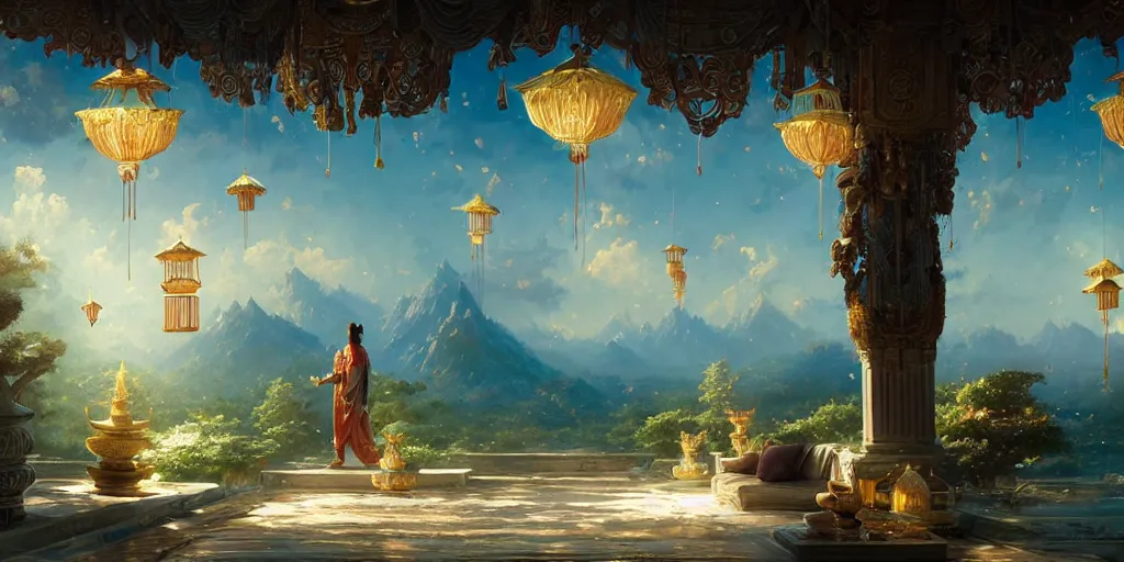 Image similar to painting of a god of wind enjoying his ornate heavenly palace, decorated with windchimes and paper lanterns, stunning nature in background, cinematic, 8 k, hyper detailed, art by greg rutkowski