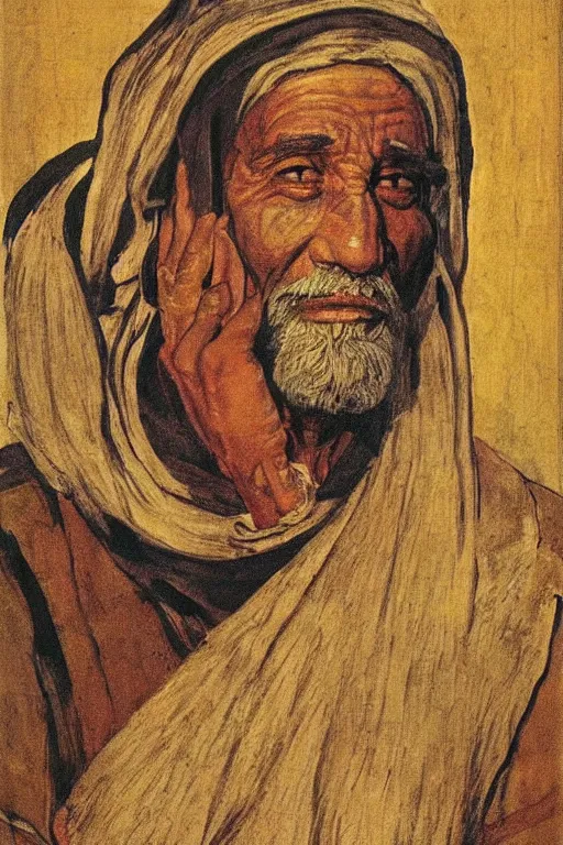 Image similar to a closer hero portrait of a a very old egyptian priest with very piercing eyes, very charismatic. in old egypt. masterpiece, dramatic light and shadow, saturated colors, ciaroscuro. painted by carl larsson