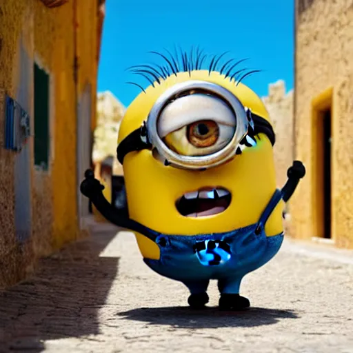 Image similar to super cute minion walking on a sunny Andalusian village, movie still, 4k