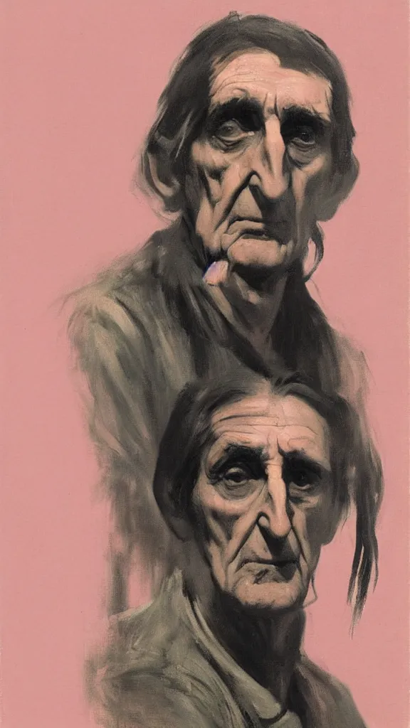 Prompt: harry dean stanton, by camille corot, by wanda gag, gouache paint, sitting in a deserted room in pink sweatshirt, 1 9 6 0 s style, black screen in the background