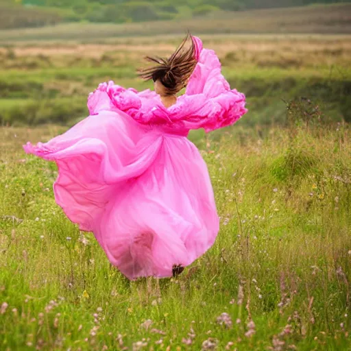 Image similar to a woman in pink frills running around in a field, photograph, photorealistic, award winning photo