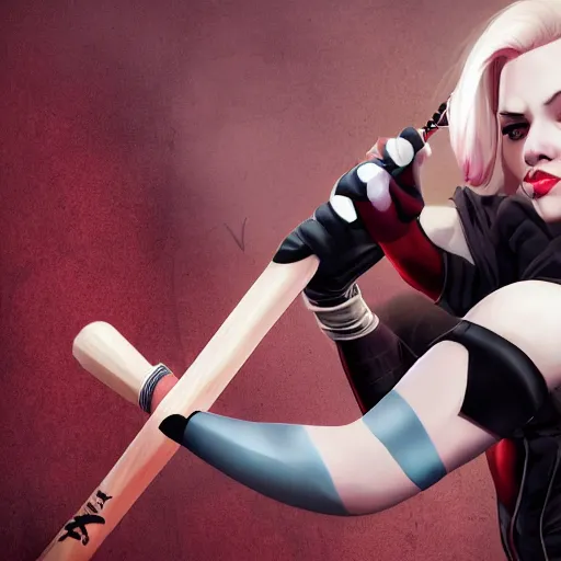 Image similar to Scarlett Johansson as Harley Quinn, holding bat, digital, artstation, cgsociety, 4k, high detail