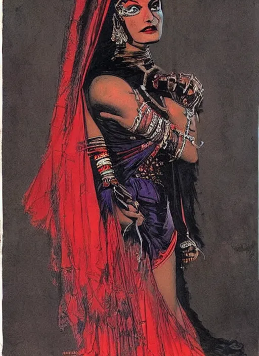 Image similar to female indian vampiress, jeweled veil, heavy mascara, strong line, saturated color, beautiful! coherent! by frank frazetta, high contrast, minimalism