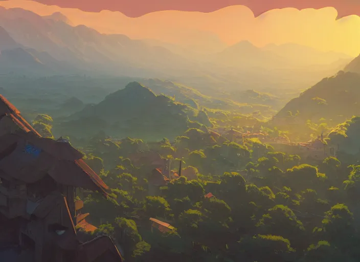 Image similar to concept art painting of a distant valley village from above, early morning, cel shaded, by makoto shinkai and moebius and anton fadeev and james gurney