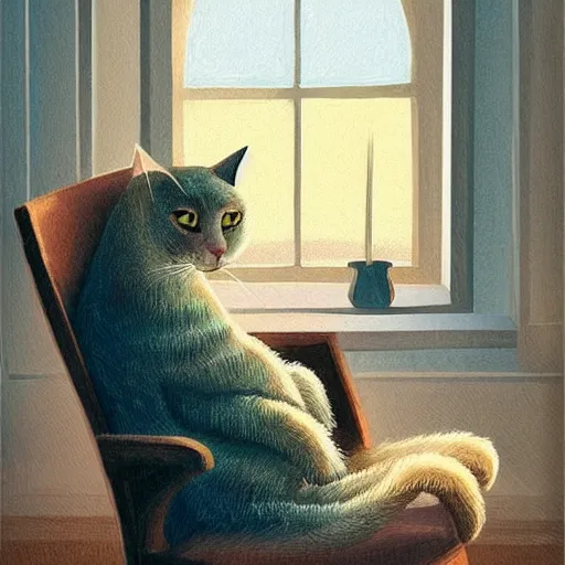 Prompt: “ cat reading a book, cozy chair in a warmly lit room, illustration, 8 k ”