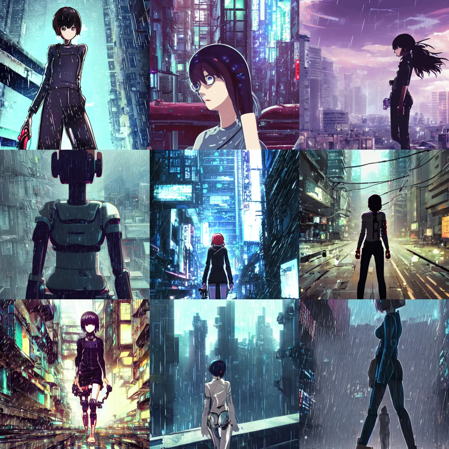 Prompt: distant android mechanical cyborg girl in overcrowded urban dystopia raining makoto shinkai wide angle