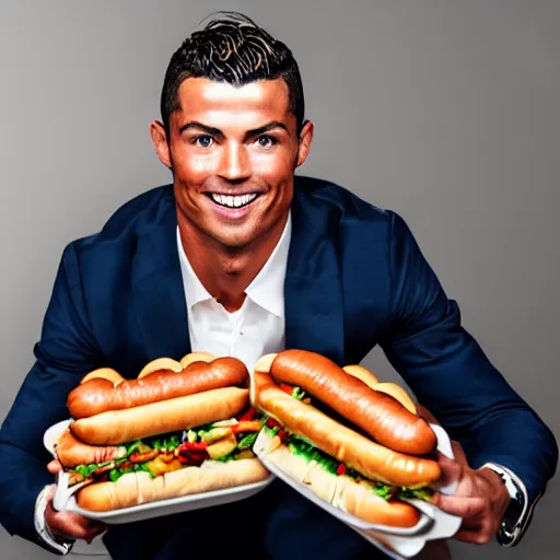 Image similar to a promo portrait of cristiano ronaldo in a sofa, holding a plate of hot dogs to the camera,