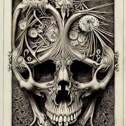 Image similar to memento mori by arthur rackham, art forms of nature by ernst haeckel, exquisitely detailed, art nouveau, gothic, ornately carved beautiful skull mask dominant, intricately carved ornamental antique bone, art nouveau botanicals, art forms of nature by ernst haeckel, horizontal symmetry, symbolist, visionary