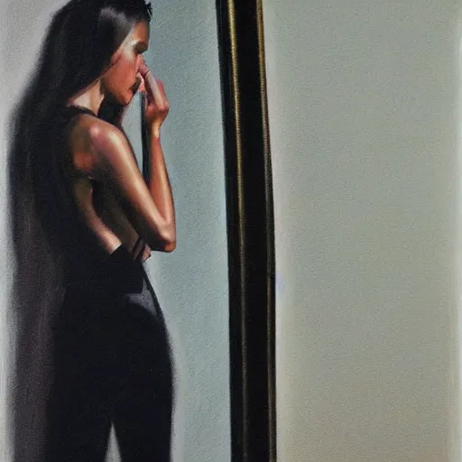 Prompt: fashion model looking in mirror, hyperrealism oil painting