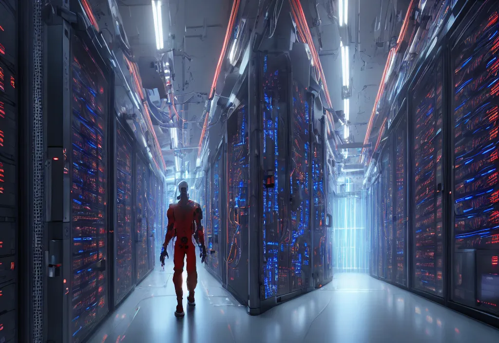 Prompt: shot of film cyborg walking in detailed server room in data center, character design, great composition perspective, vivid color, complementary color, detailed, sharp lines, trending on artstation, volumetric lighting, dramatic lighting by yoichi hatakenaka, cyberpunk art by asher brown durand