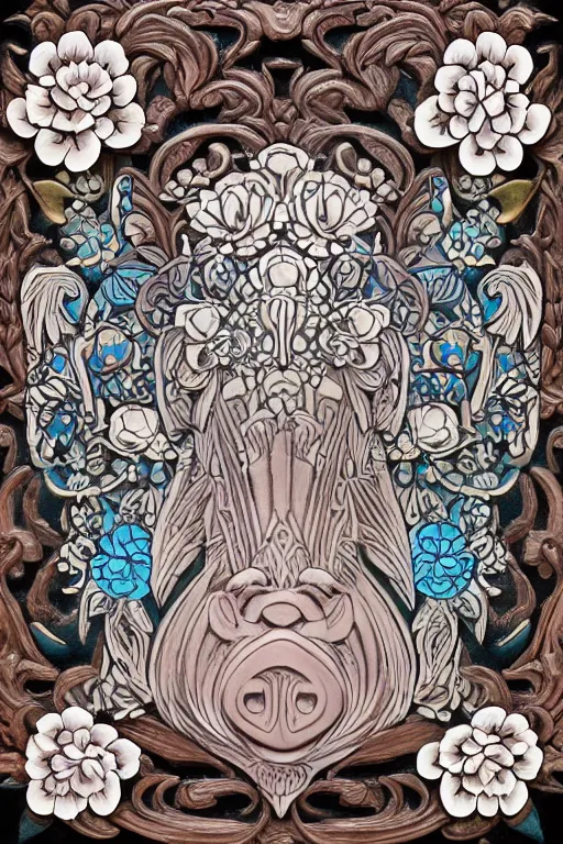 Image similar to Painted dark-wood panel relief carving of a close up of a Flowerpunk Piglet, White and pale blue toned, ornate border frame, explosion of colorful flowers, dark wood, intricately carved, black ink, festival of rich colors, intricate details, cinematic lighting, volumetric lighting, post-processing, art nouveau, tarot, fractal art, mandala, by andreas rocha and john howe, and Martin Johnson Heade, featured on artstation, featured on behance, golden ratio, hyper detailed, photorealistic, epic composition, center spotlight, f32, well composed, symmetrical, UE5, 8k