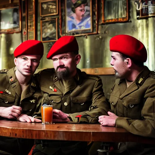 Image similar to modern red berets soldiers inside of a pub, by valentin serov tretiakov gallery, soldiers wearing tactical clothing, 2 1 st century, cinematic, award winning