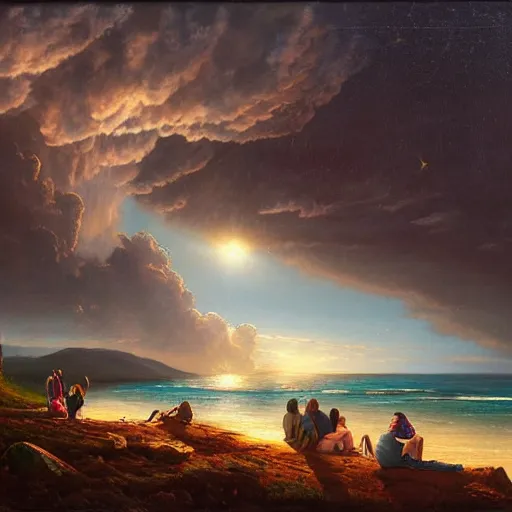 Prompt: people sitting on the beach watching a meteor shower, 6 4 megapixels, 8 k resolution, hyperrealism, hypermaximalist, detailed landscape photography, coherent, hyperdetailed, hdr, thomas cole landscape, max rive photography, oil on canvas, nature photography, natural geographic, oil painting by james gurney