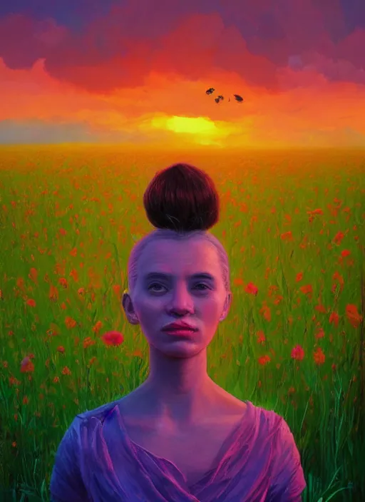 Image similar to portrait of a woman, face made of giant carnation, flower field, surreal photography, sunset dramatic light, impressionist painting, colorful clouds, large sky, digital painting, artstation, simon stalenhag