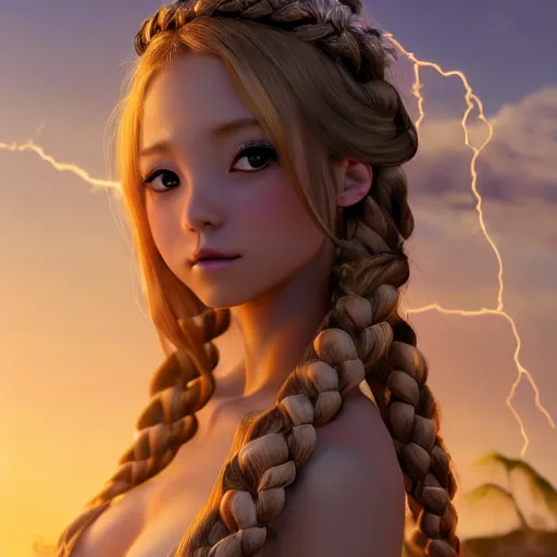 Prompt: a very beautiful anime style treant, full body, long braided curly blonde hair, twisted braids, golden watery eyes, full round face, short smile, pale pink bikini, serene beach setting, cinematic lightning, medium shot, mid-shot, highly detailed, trending on artstation, Unreal Engine 4k, cinematic wallpaper by Stanley Artgerm Lau, WLOP, Rossdraws, James Jean, Andrei Riabovitchev, Marc Simonetti, and Sakimichan