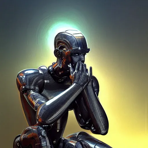 Prompt: the thinker as an i robot, intricate, elegant, volumetric lighting, scenery, digital painting, highly detailed, artstation, sharp focus, illustration, concept art, luis rollo, ruan jia, steve mccurry, john berkey