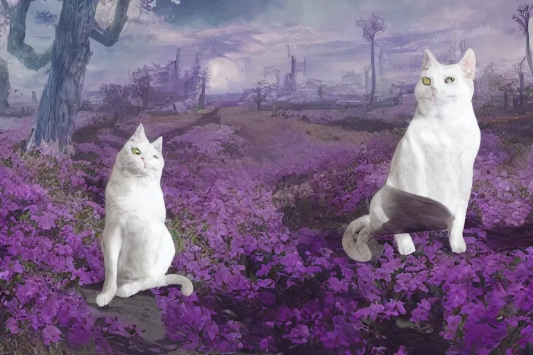 Prompt: concept art, digital art, matte painting, award winning on Artstation by John Romita jr. A white cat sitting. a purple garden on an Exoplanet