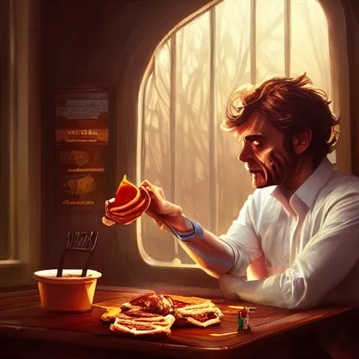 Image similar to Ted Bundy crying eating cheesesteaks, dripping BBQ Sauce, serving burgers, D&D, spilling ketchup, fantasy, intricate, elegant, highly detailed, digital painting, artstation, concept art, matte, sharp focus, illustration, hearthstone, art by Artgerm and Greg Rutkowski and Alphonse Mucha