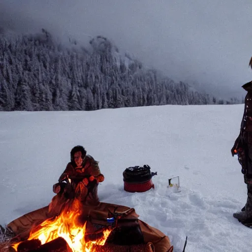 Image similar to a movie still from final fantasy live action, a traveler alone by the campfire in the sno, dieselpunk w