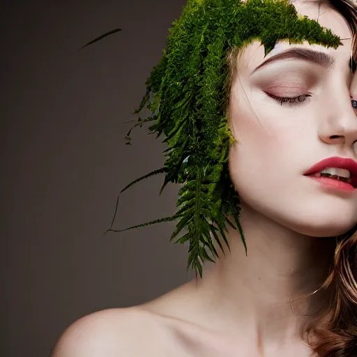 Image similar to a photo of a female model, orgnic headpiece, fern, vines, horn, moss, fashion photography, realistic, hyperdetails