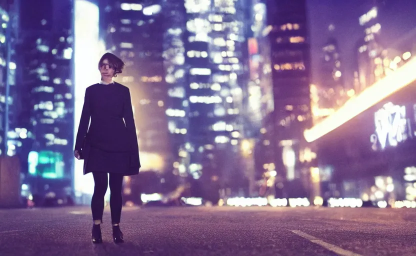 Image similar to a wide shot of a woman with a wool suit, short hair, blurred face, wearing an omega speedmaster on her wrist in front of a crowded dystopian city at night with cyberpunk lights