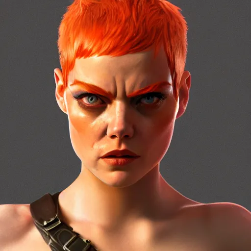 Image similar to Emma Stone as Furiosa by Ilya Kushvikov, symmetrical face concept art, octane render unreal engine meta humans, trending on artstation, desert, main colors orange, yellow, red and white