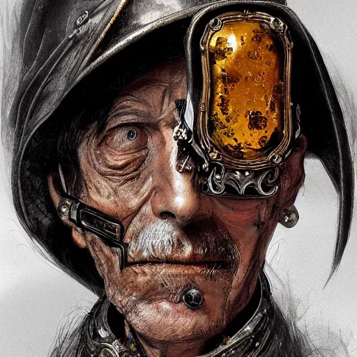 Image similar to portrait, headshot, digital painting, of a old 17th century, old cyborg merchant, amber jewels, baroque, ornate clothing, scifi, realistic, hyperdetailed, chiaroscuro, concept art, art by Franz Hals and Jon Foster